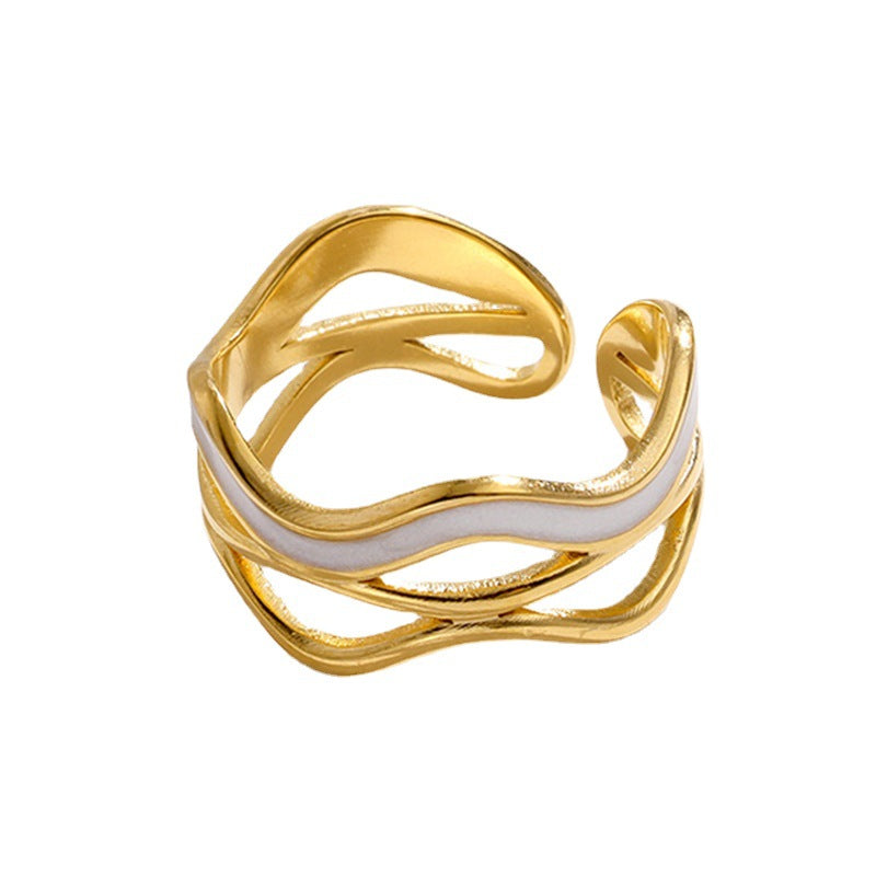 Anello Minimalista Regolabile a Onda in Acciaio al Titanio da Donna con Finitura Elettroplaccata e Motivo a Linee Geometriche