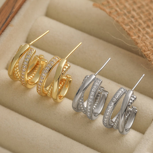 Aretes Geométricos para Mujer de Cobre con Baño de Oro de 18K e Incrustaciones de Circones, Pendientes Minimalistas de Moda Inspirados en lo Vintage