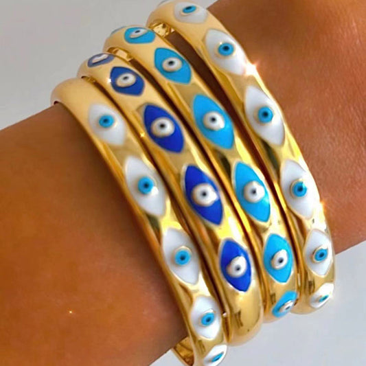 Vintage Drip Oil Plated Round Evil Eye Stainless Steel Open Cuff Bracelet for Women