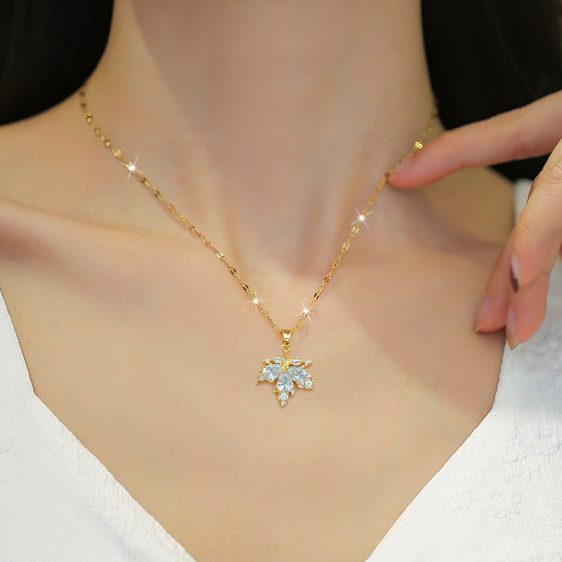 Luxury Plated Titanium Steel Geometric Maple Leaf Necklace and Earrings Set