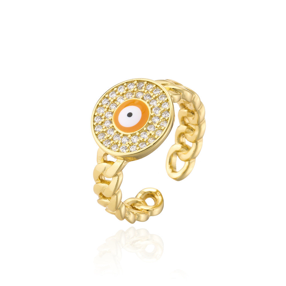 Anello Minimalista Geometrico Aperto da Motociclista in Rame con Occhio di Allah in Smalto e Intarsio di Zirconi