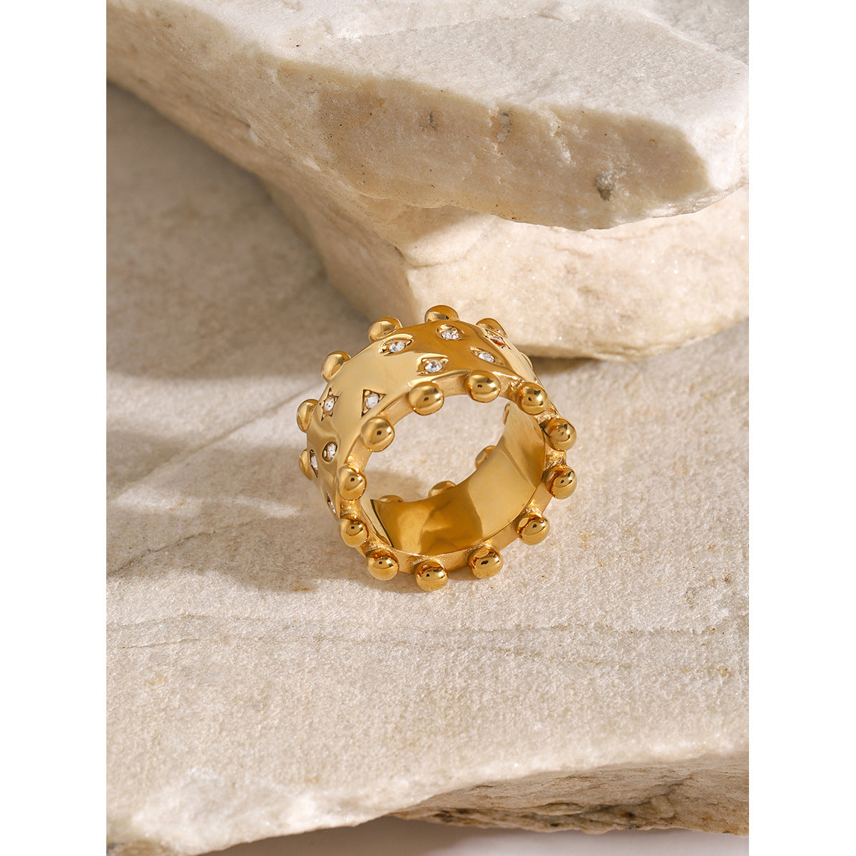 Ins Style 18K Gold Plated Stainless Steel C-Shape Bracelet Ring with Triangle Circle Star Rhinestone and Steel Bead Edge