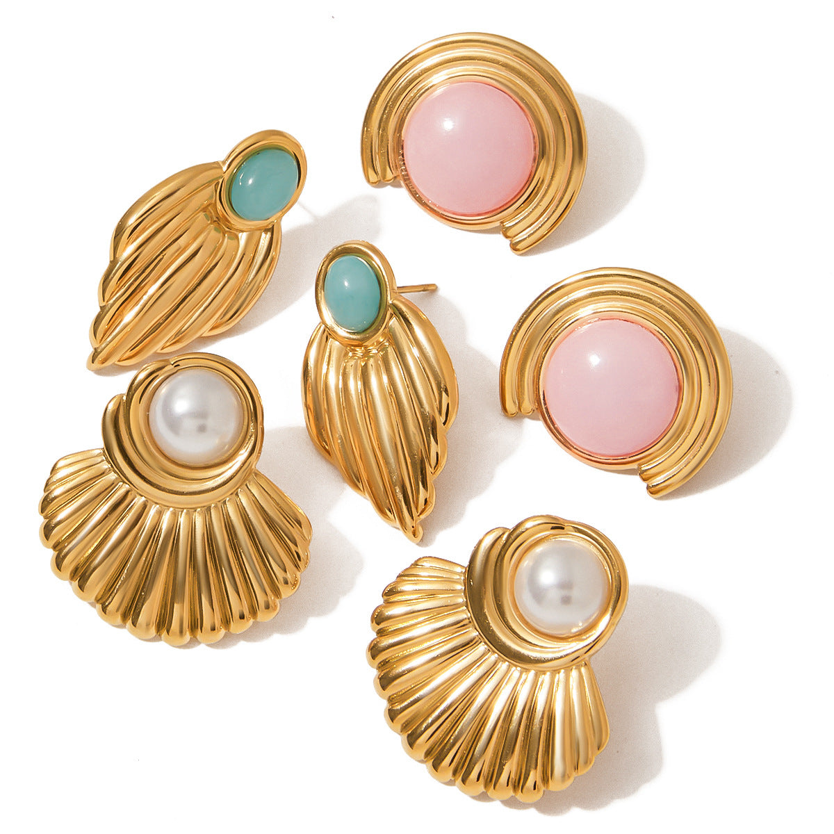 Elegant Round Geometric Stainless Steel Plated Faux Pearl Stud Earrings for Women