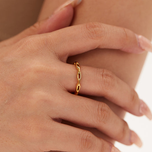 Trendy 18K Gold Plated Titanium Steel Hollow Chain Heart Shape Ring for Women