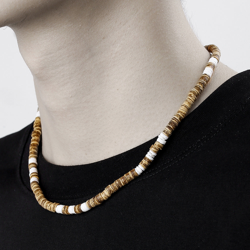 Collana con Pendente Geometrico in Legno e Argilla Polimerica Stile Bohémien da Uomo con Catena a O Realizzata a Mano