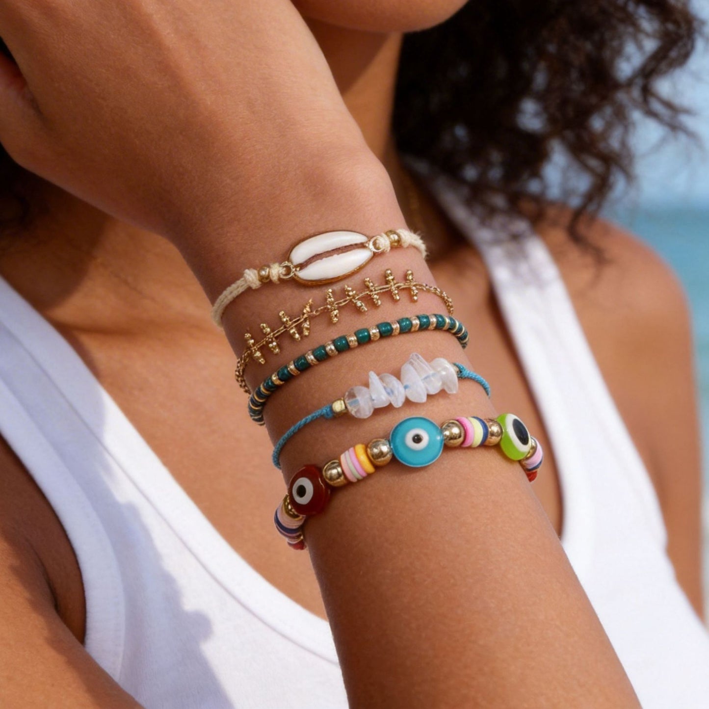 Bohemian Geometric Round Shell and Seed Bead Alloy Bracelet Set for Women