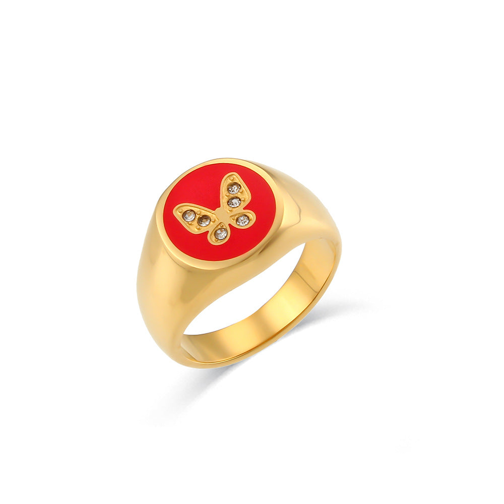 Anillo Geométrico de Mariposa Esmaltado de Circones de Acero Inoxidable Chapado en Oro de 18K Estilo Vintage para Mujer