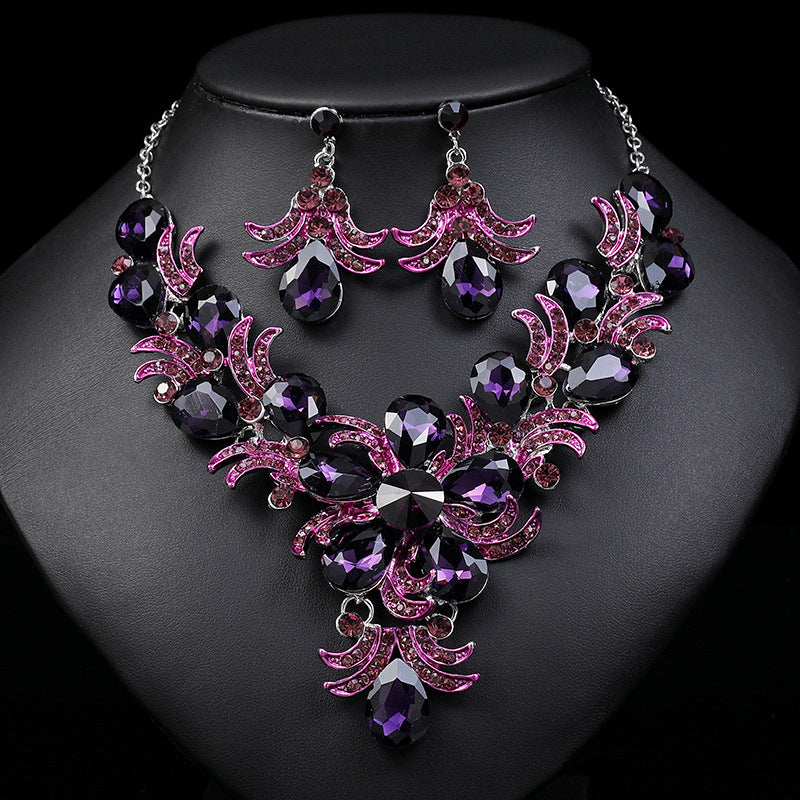Personalized Exaggerated Purple Alloy Waterdrop Necklace and Earring Set with Rhinestone Inlay for Women Wedding