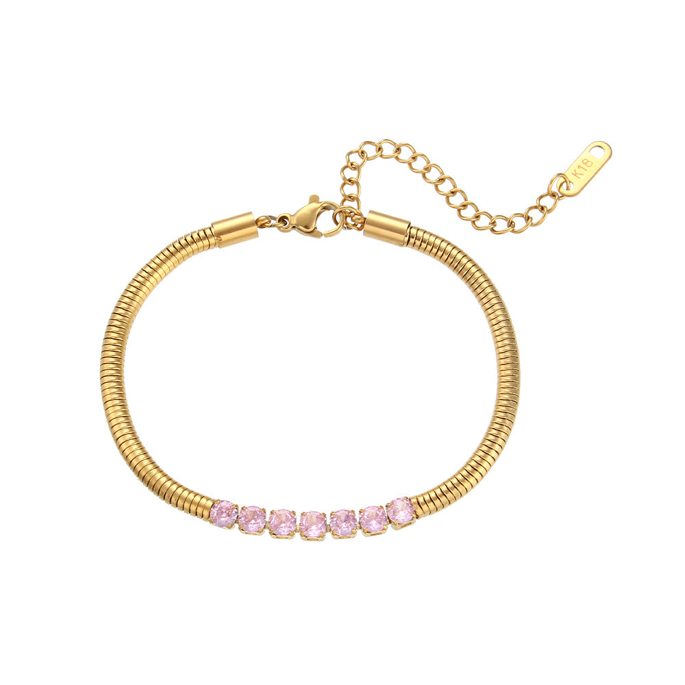 Bracciale da donna in acciaio inossidabile placcato oro 18 carati, con perline micro-incastonate e catena, stile geometrico alla moda