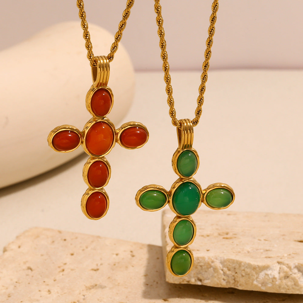 Vintage Style Cross Pendant Necklace for Women in Stainless Steel with 18K Gold Plating and Green Gemstone Accent