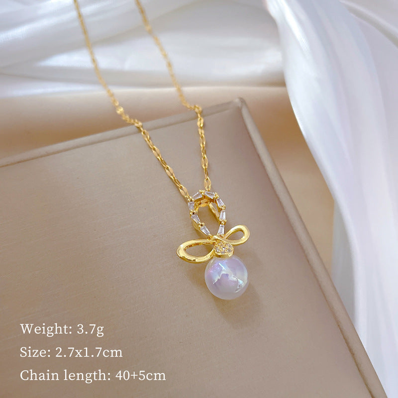Luxury Mermaid-Inspired Butterfly Bow Pendant Necklace for Women Stainless Steel Delicate Collarbone Chain with Rhinestone Inlay