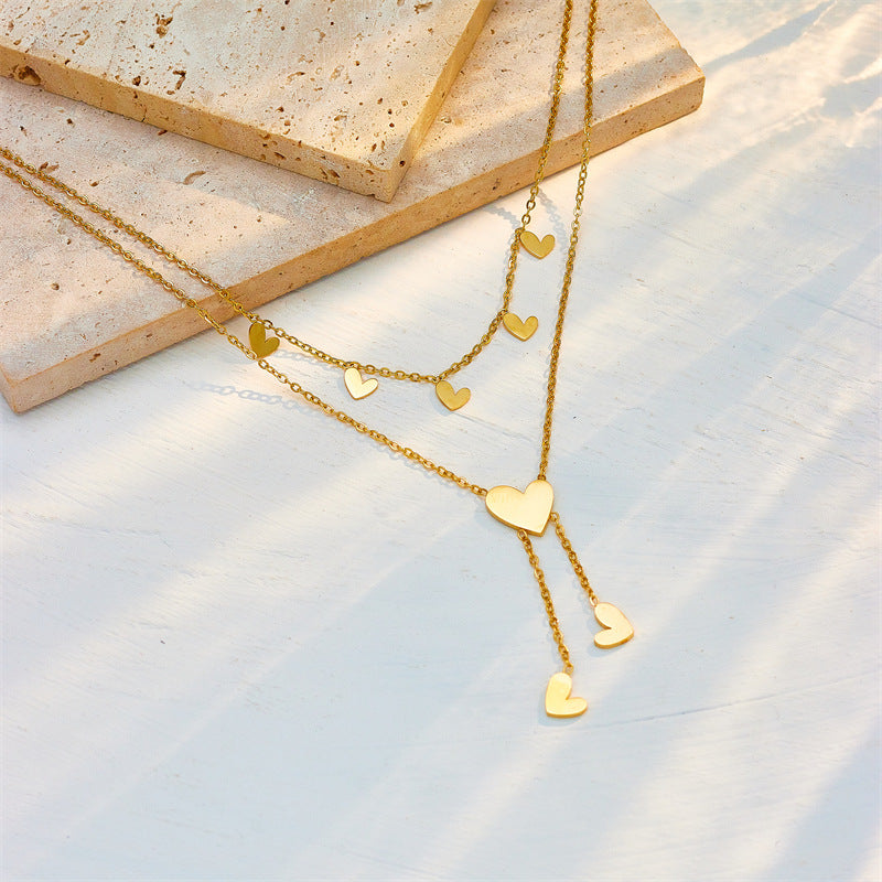 Minimalist Geometric Pendant Necklace with Enamel Heart Charm and Fringe Detail in Titanium Steel