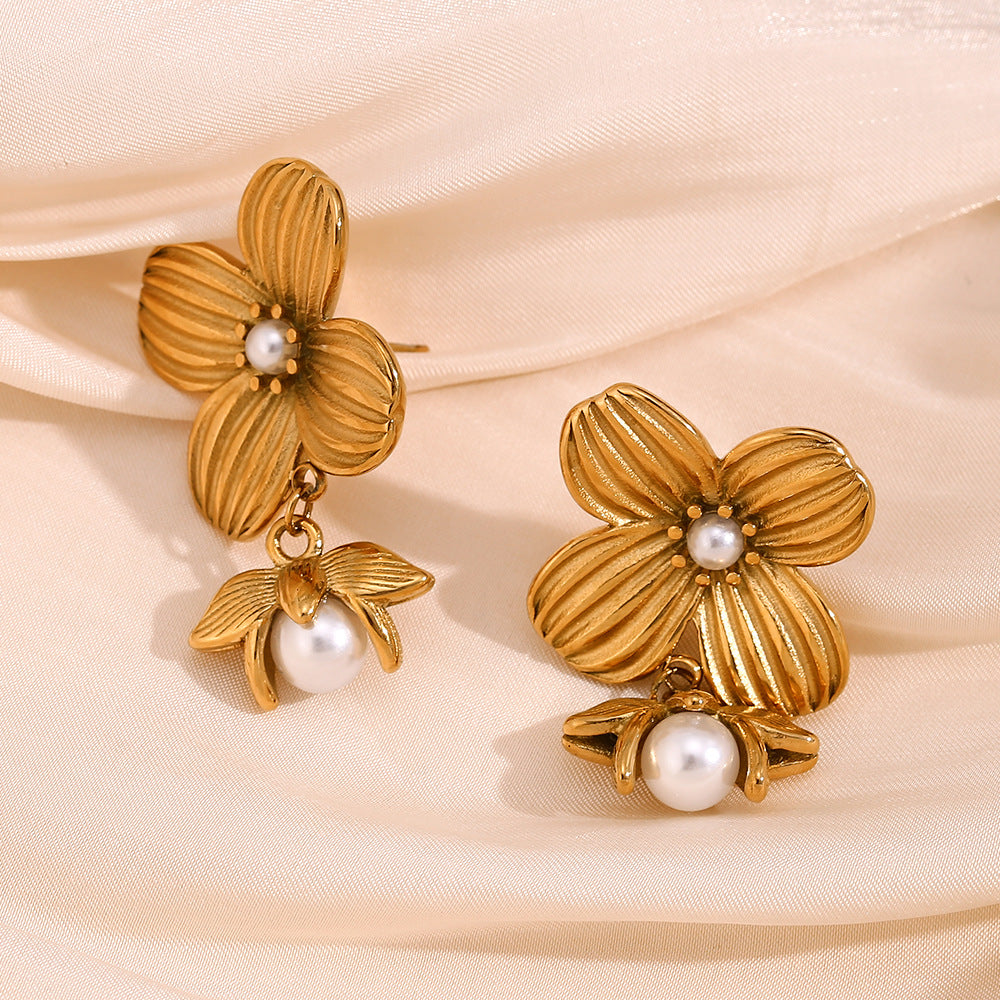 Vintage Floral Geometric Stainless Steel Earrings with 18K Gold Plating and Simulated Pearl Accents