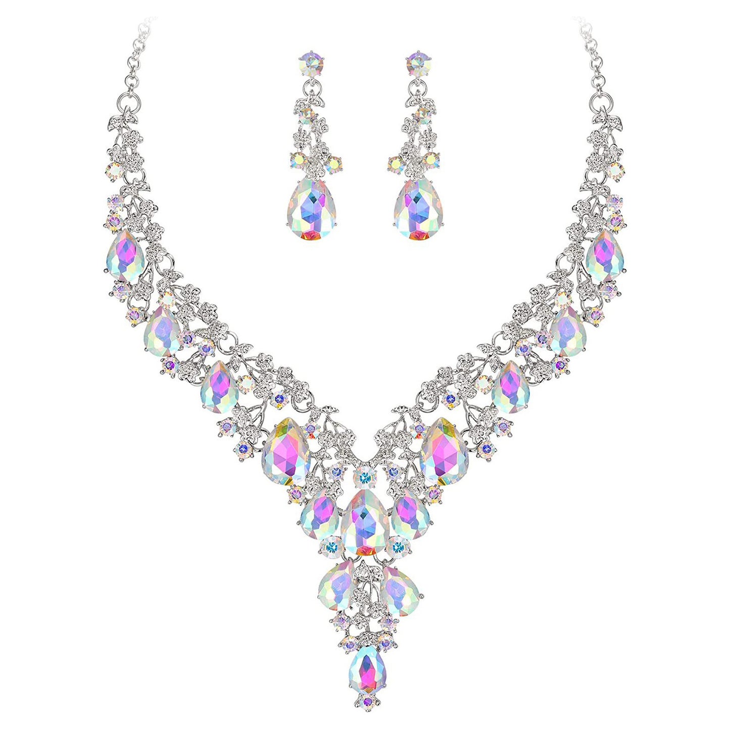 Fashionable Waterdrop-Shaped Rhinestone Pendant Necklace and Earrings Set with O-Chain for Women