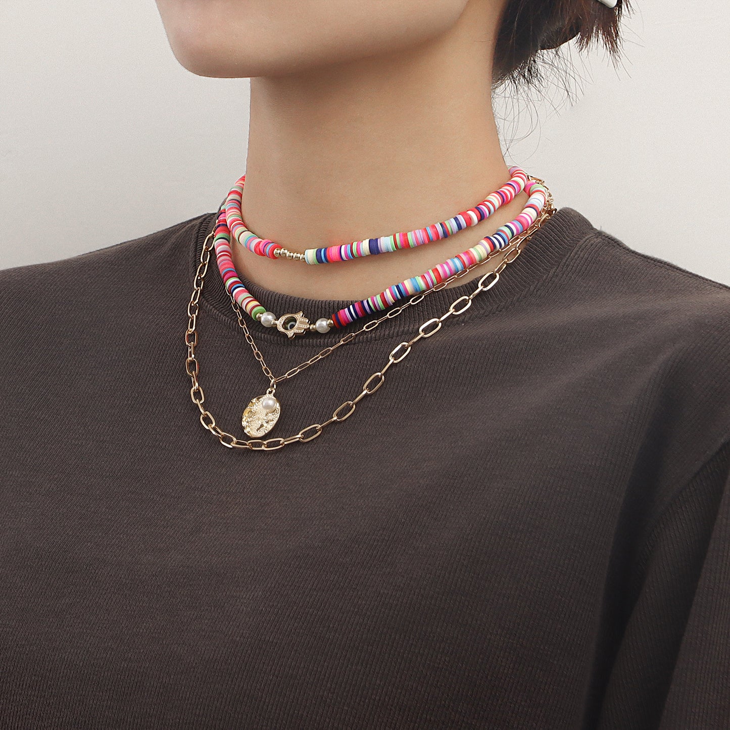 Bohemian Multilayer Polymer Clay Evil Eye Necklace for Women with Geometric Pendant, Alloy Chain, Electroplated Finish