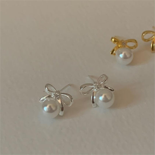 Minimalist Bowknot Pearl Stud Earrings in 925 Sterling Silver with Gold Plating