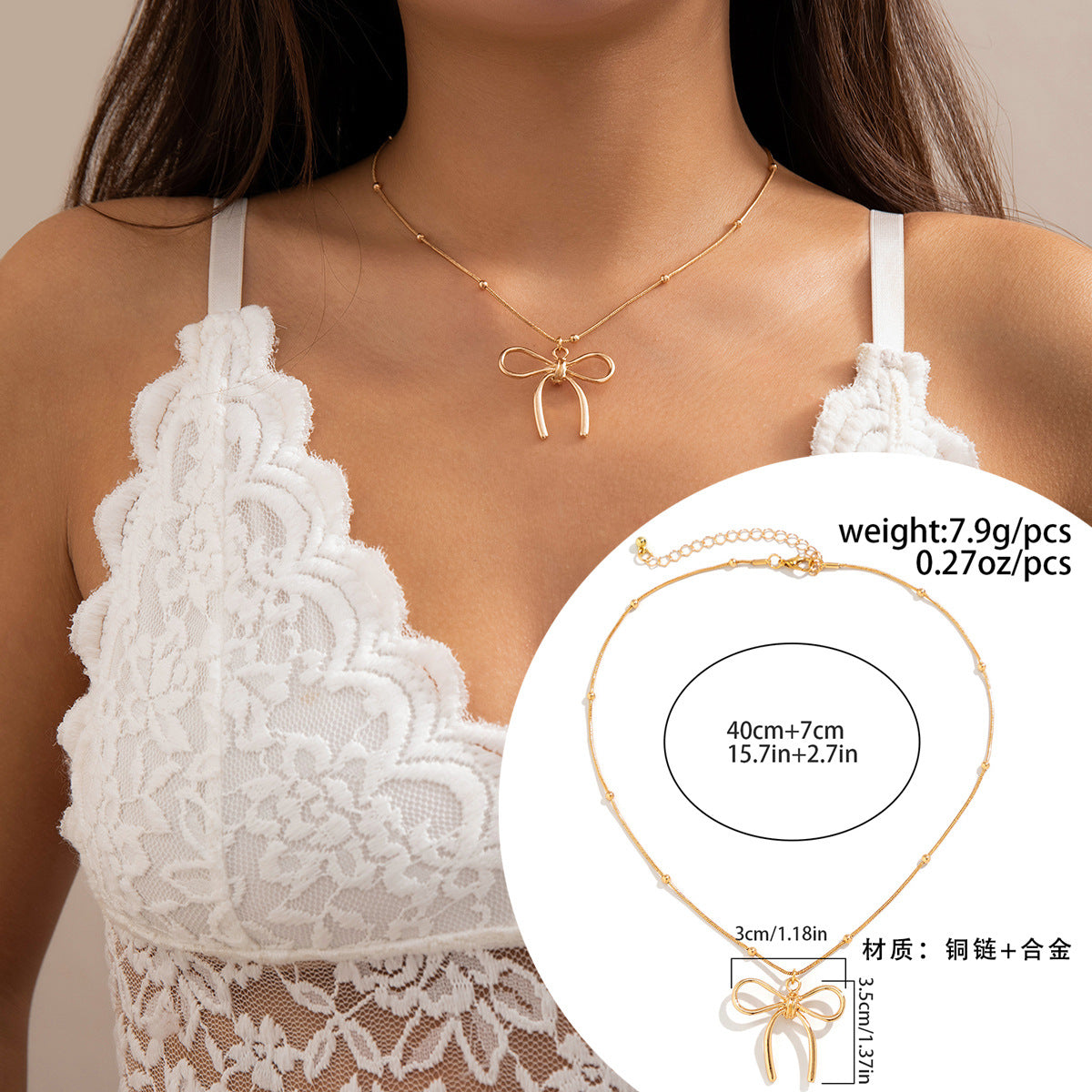 Collana girocollo minimalista da donna con fiocco e design geometrico in lega con catena di perline