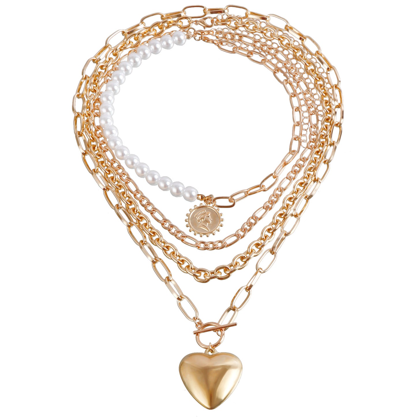 Vintage Heart-Shaped Electroplated Metal Multi-Layer Pearl-Style Necklace for Women