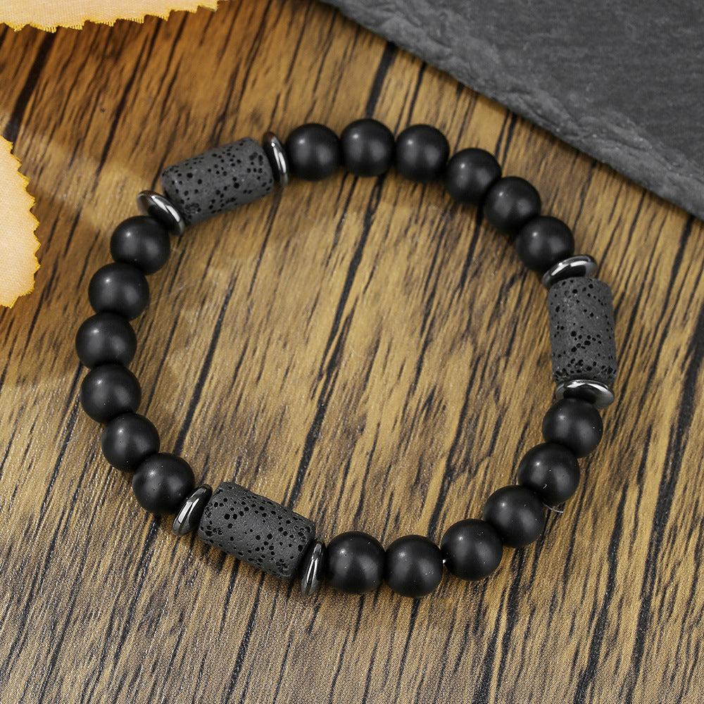 Men's Matte Black Obsidian and Volcanic Stone Beaded Bracelet Square Round Geometric Unisex Jewelry