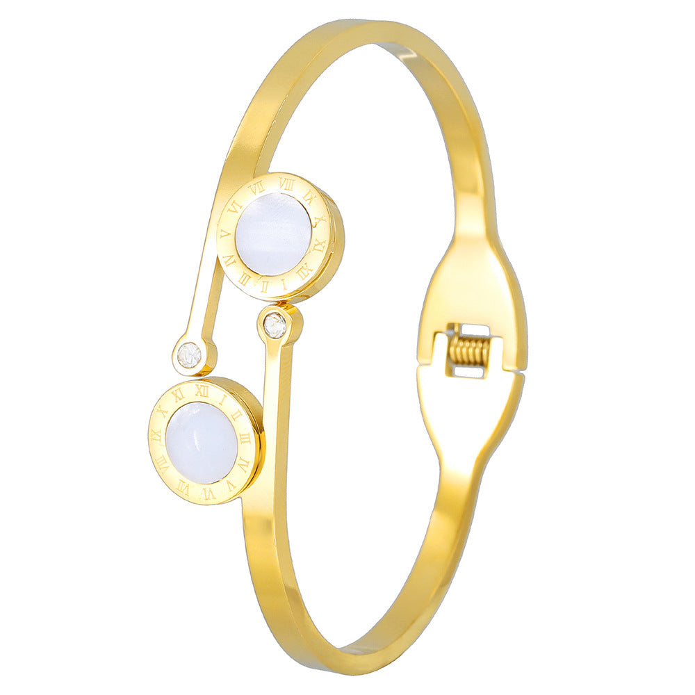 Geometric Round Titanium Steel Bracelet with Cubic Zirconia and Shell Design Plated Finish