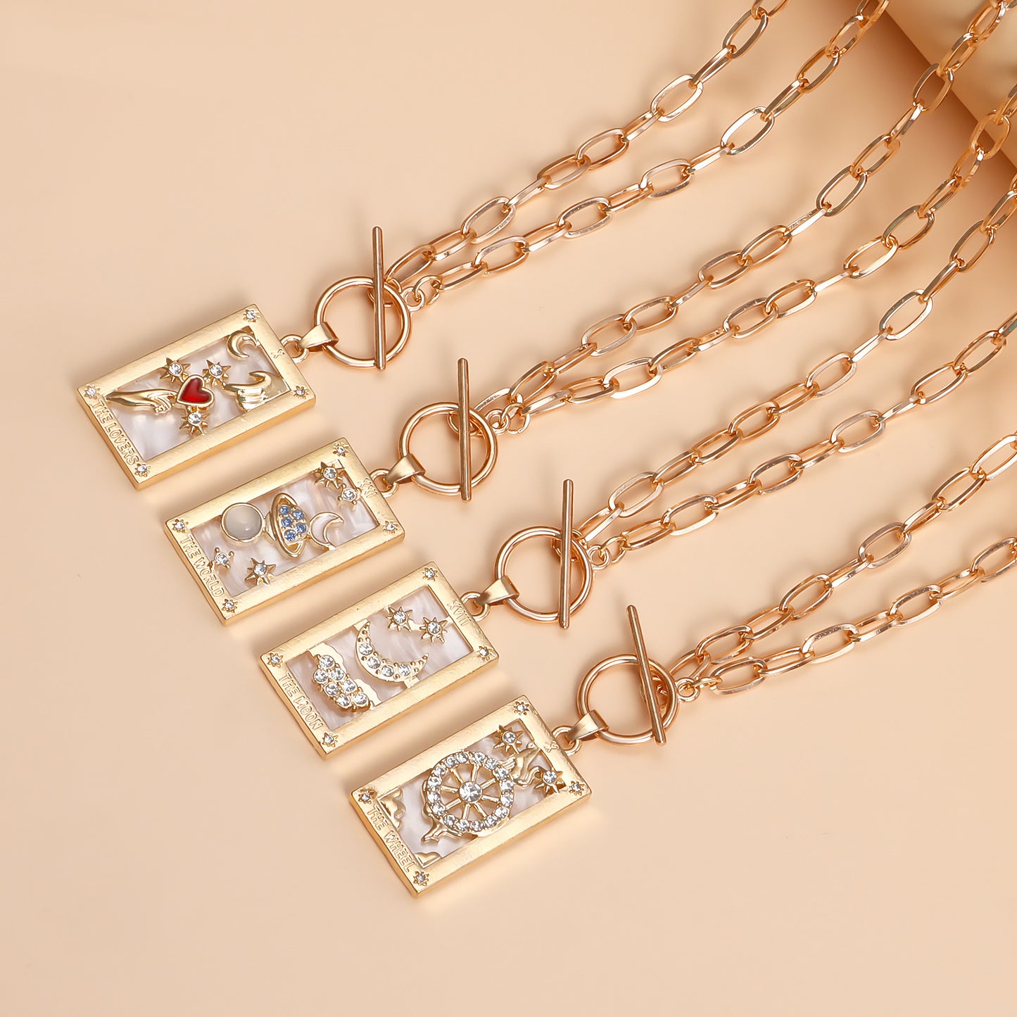 Vintage-Inspired Geometric Alloy Pendant Necklace with Imitation Rhinestone and Mother-of-Pearl Inlay, Electroplated Long Layered Clavicle Chain for Women