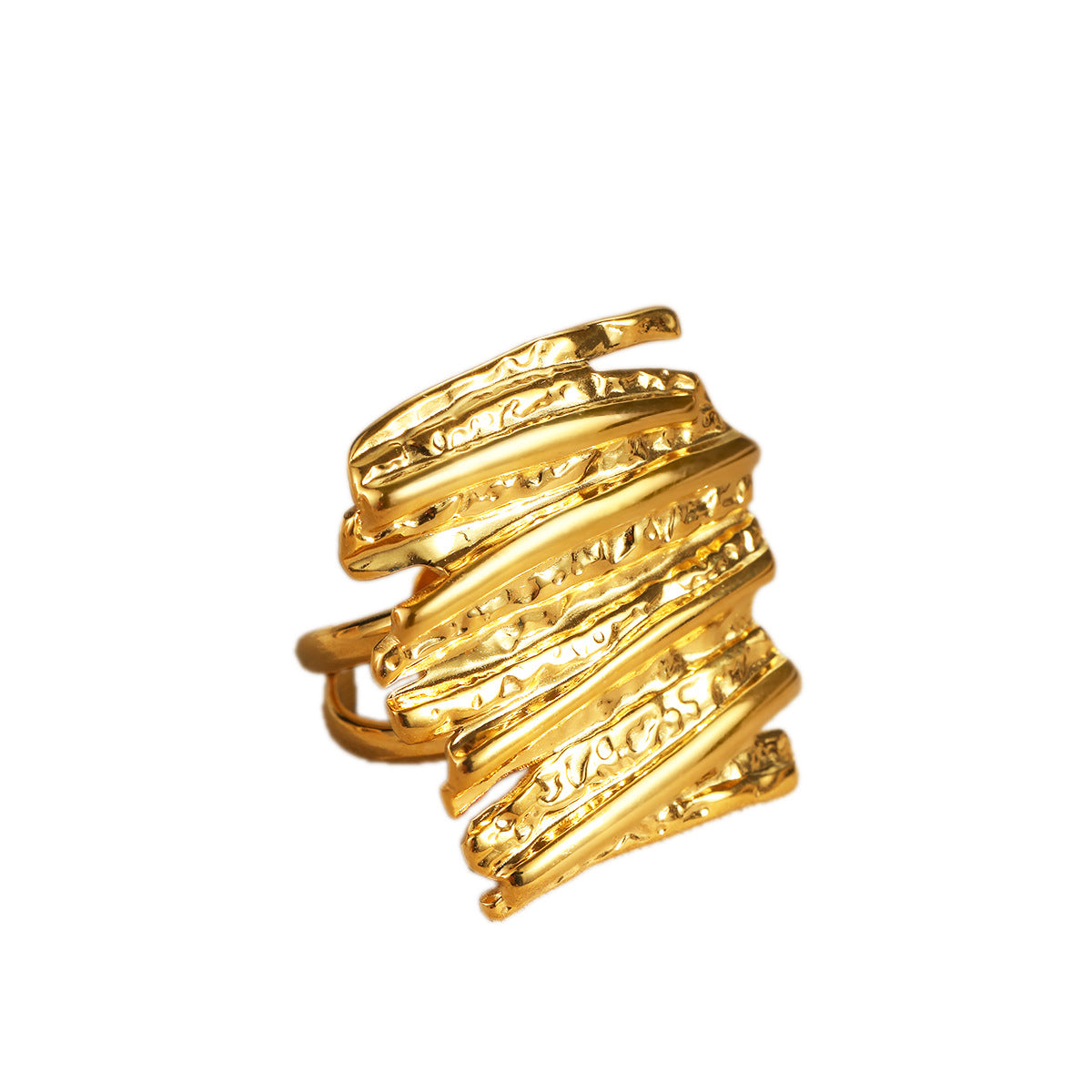 Anillo Minimalista Geométrico de Acero Inoxidable con Textura Martillada y Baño de Oro de 18K, con Banda Abierta para Mujer