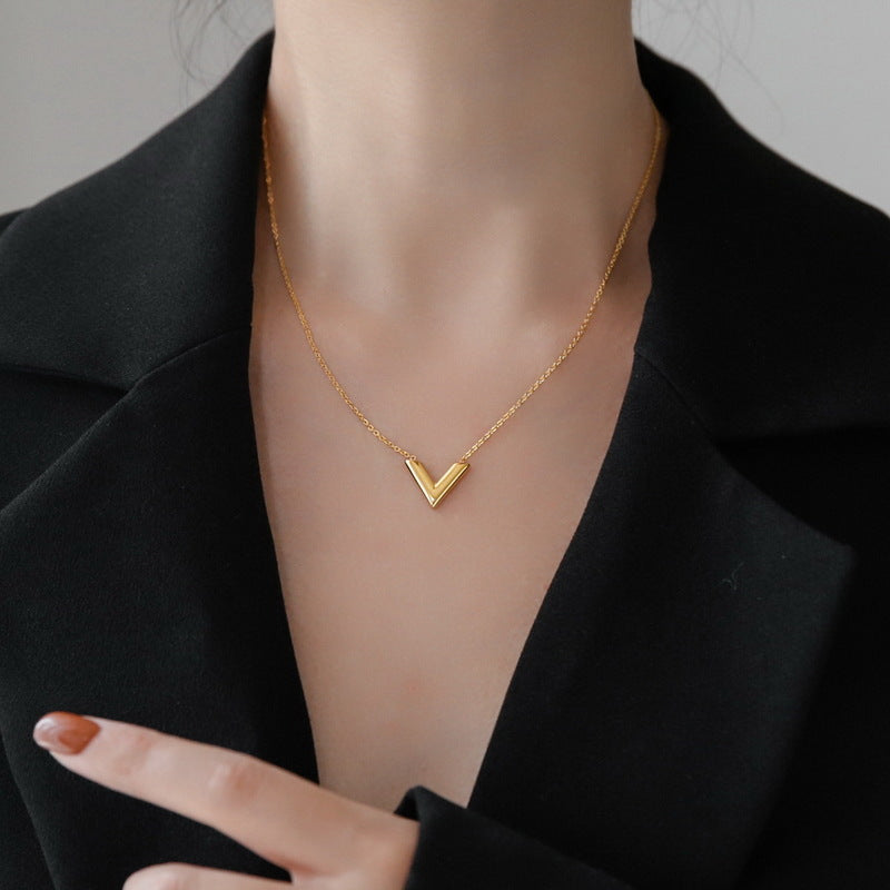 Minimalist Luxe V-Shaped Pendant Necklace for Women in Titanium Steel with Gold Plating Snake Chain