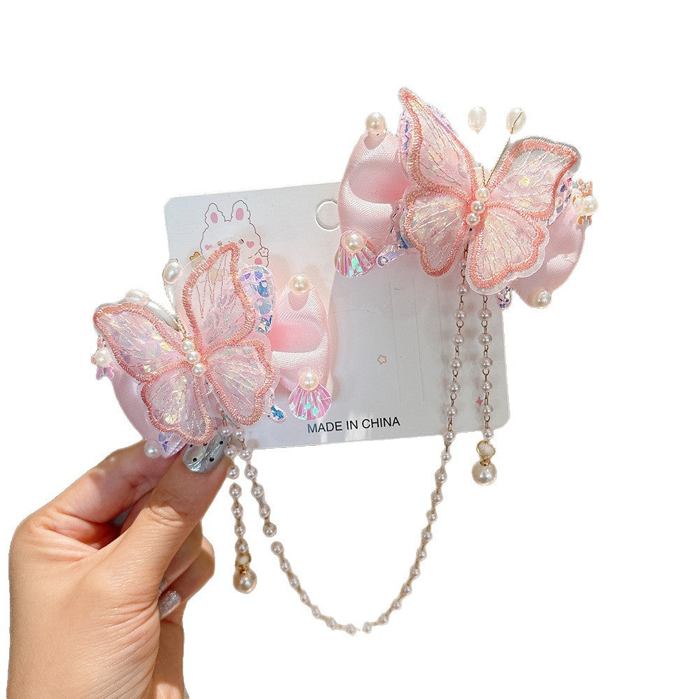 Lindos clips de pelo con diseño de mariposa estilo princesa para niñas con detalles de perlas y borlas, diseño de lazo de tela, set de pinzas laterales hecho a mano para niñas