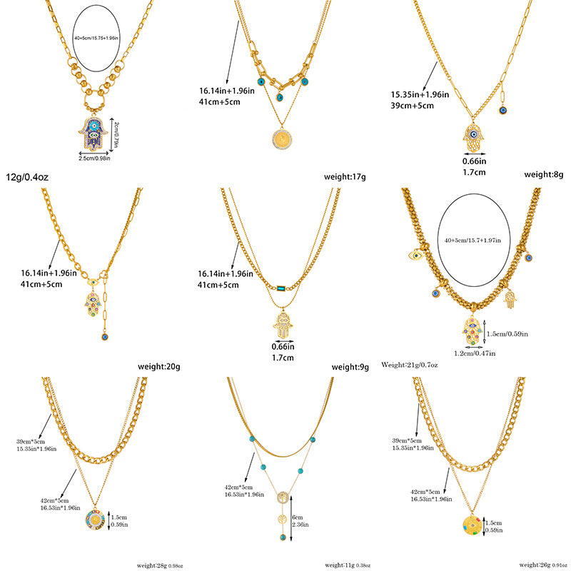 Collana Pendente Mano e Occhio in Acciaio Inossidabile Placcato Oro Doppio Strato Vintage
