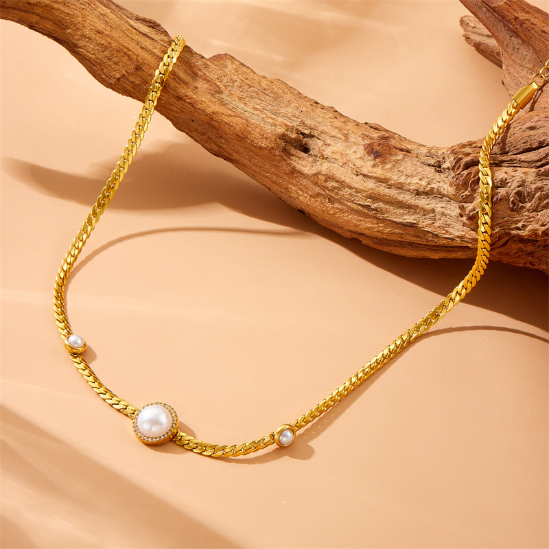 Minimalist Elegant Round Pearl Rhinestone Inlay Stainless Steel Necklace and Bracelet Set with Rope Chain