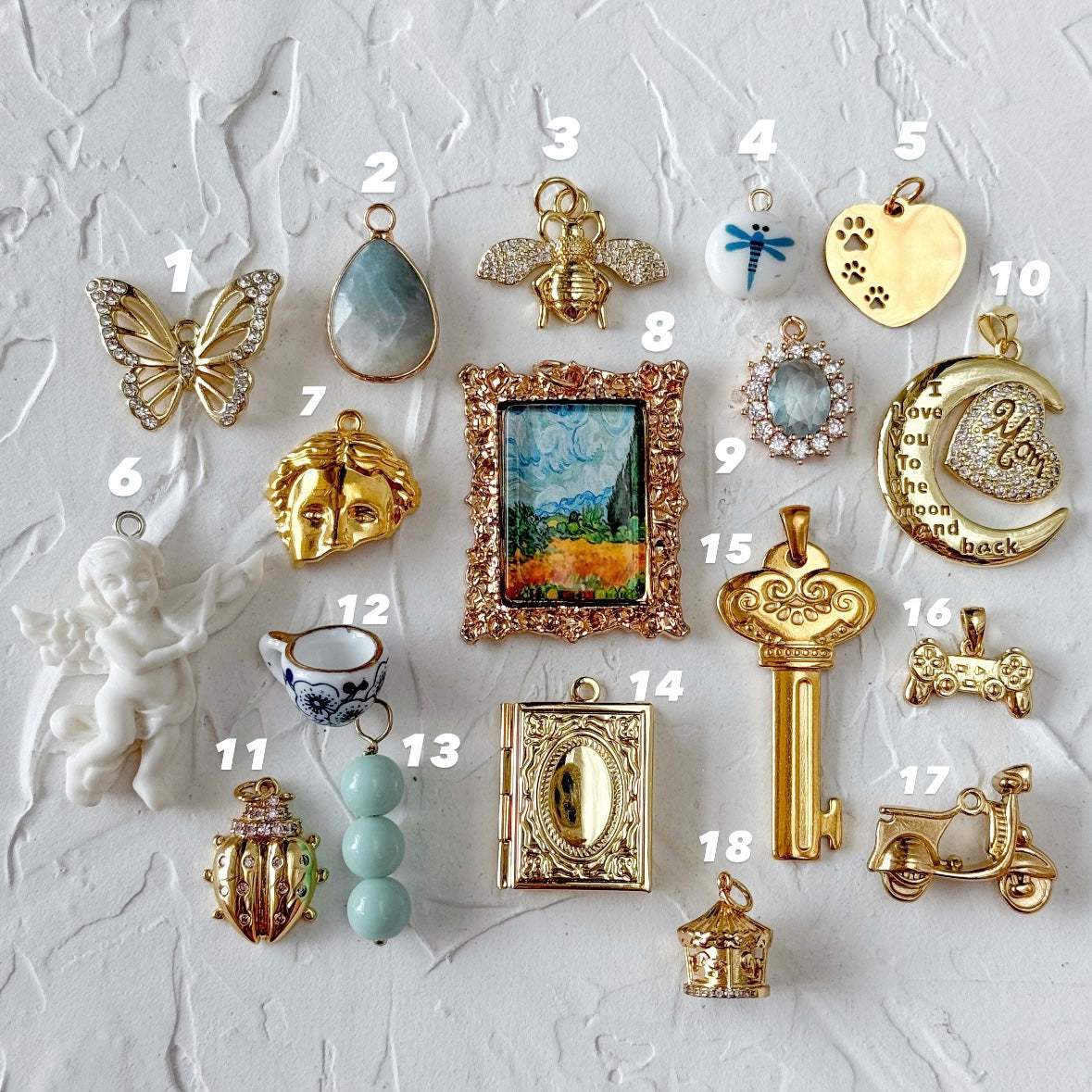 Vintage 18K Gold Plated Brass Moon Pendant with Drip Oil Floral Pattern Charm Bar for Women