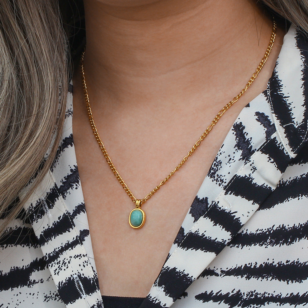 Minimalist Mint Green Roman Natural Amazonite Pendant Necklace for Women with Geometric Shape Stainless Steel Chain