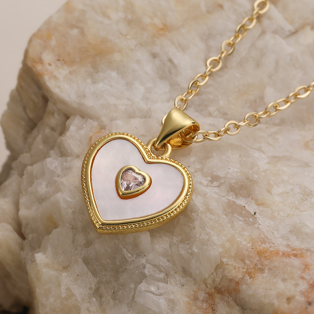 Minimalist 18K Gold Plated Brass Heart Pendant Necklace with Cubic Zirconia for Women