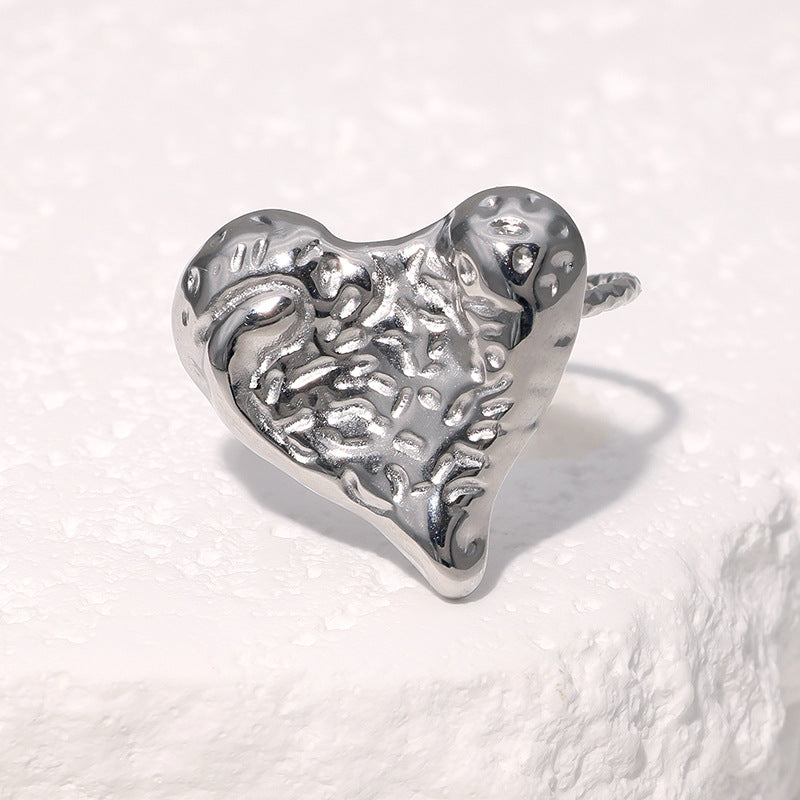 Minimalist Hammered Textured Heart Shaped 18K Gold Plated Stainless Steel Open Ring for Women
