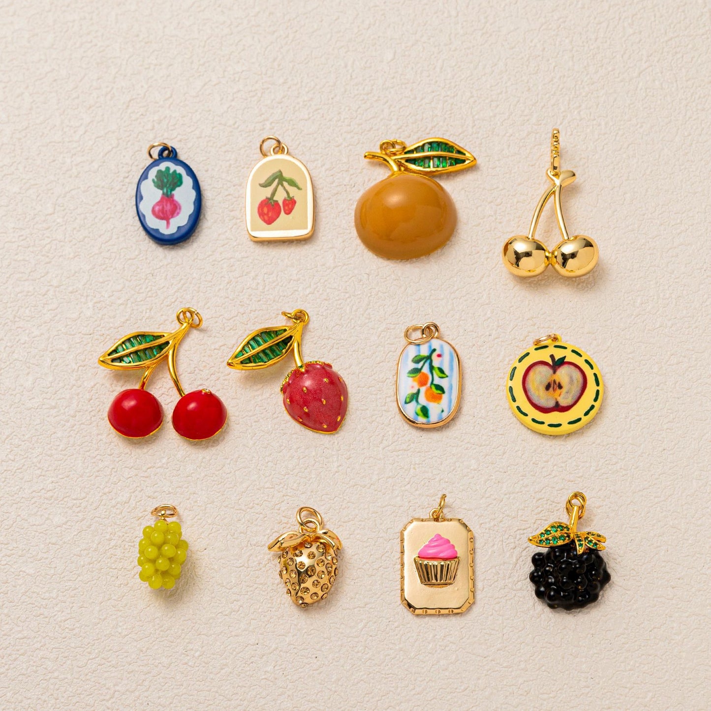 Sweet Brass Fruit Pendant Necklace with Cherry, Pineapple, Orange, Strawberry and Pear Charms