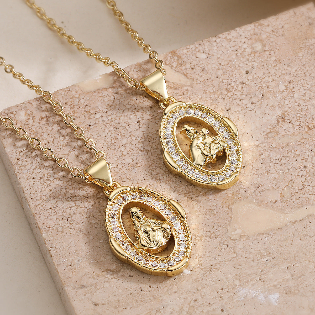 Vintage Minimalist Geometric Brass 18K Gold Plated Cubic Zirconia Virgin Mary Pendant Necklace