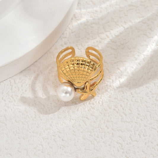 Anillo ajustable para mujer inspirado en el océano con perla e incrustaciones de concha en diseño geométrico de cobre Joyería de moda para uso diario
