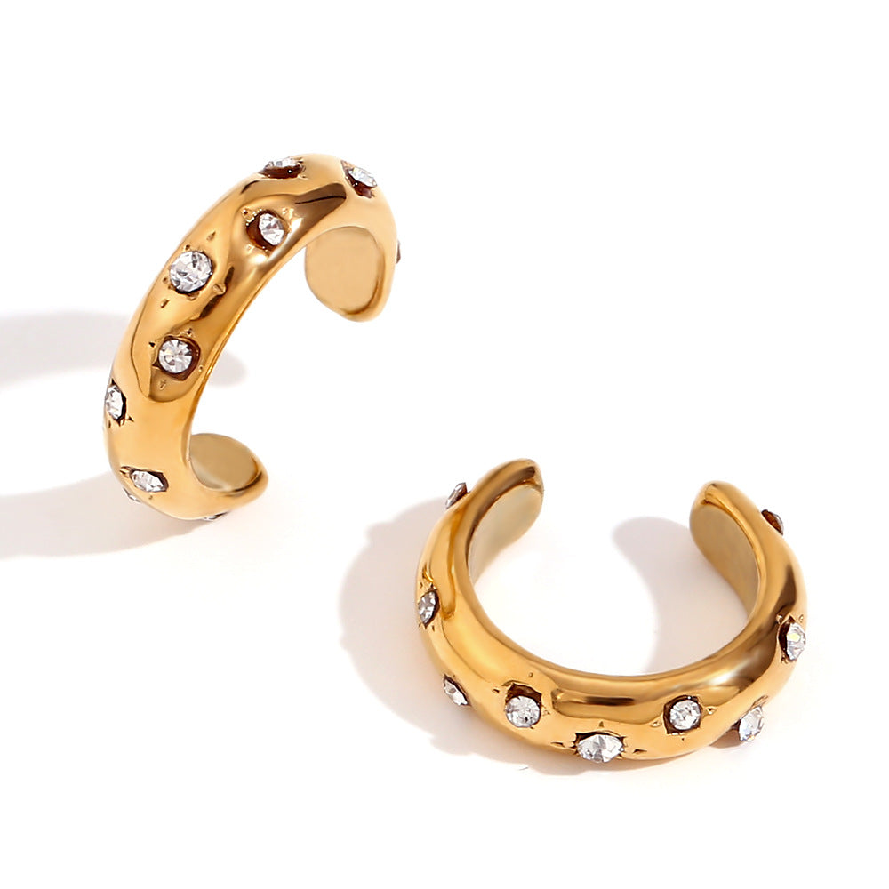 Orecchini a clip in acciaio inossidabile placcato oro 18K a forma di C, dal design geometrico e minimalista, con strass intarsiati, da donna