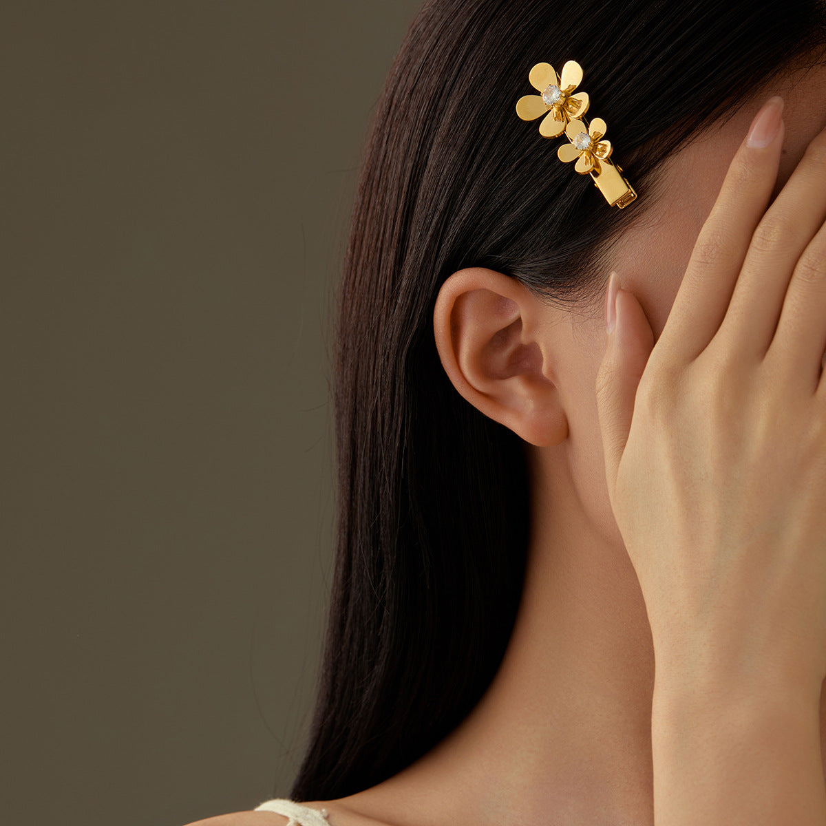 Elegante fermaglio per capelli da donna a forma di petalo, in acciaio inossidabile con intarsio in zircone, stile ufficio minimalista
