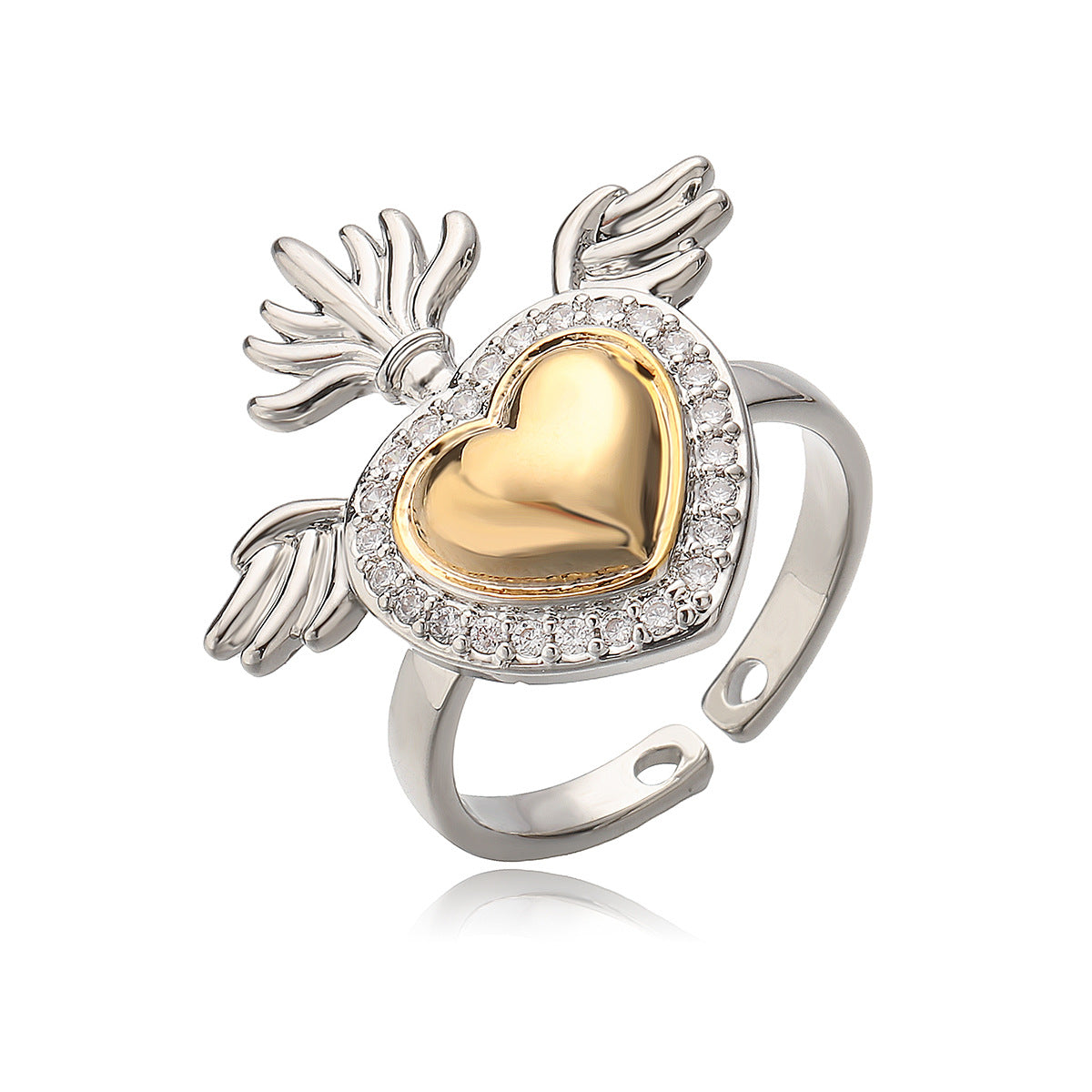 Minimalist Geometric Heart-Shaped Wing Ring for Women in Copper with Micro-Pave Zirconia Plating
