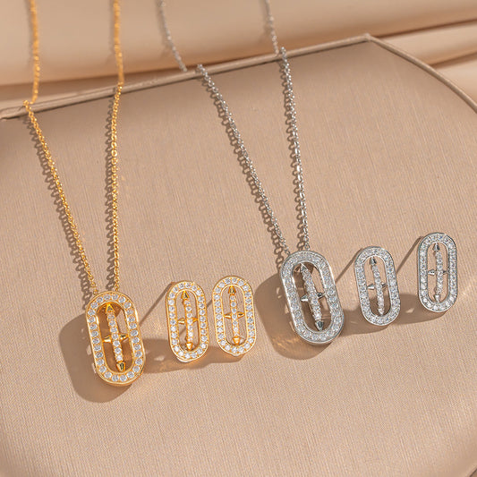 Luxury Heart Drop Bell Pendant Necklace and Earrings Set in Titanium Steel with 18K Gold Plating on O-Chain for Women
