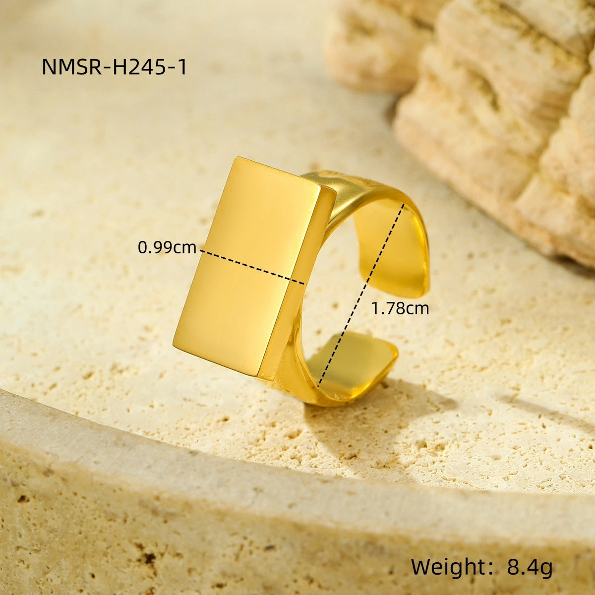 Anello da donna rettangolare di lusso minimalista in acciaio inossidabile placcato oro 18 carati