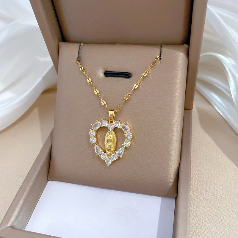 Collana Minimalista a Cuore in Acciaio al Titanio con Intarsio di Strass per Donna e Uomo, Delicata Catena alla Clavicolar
