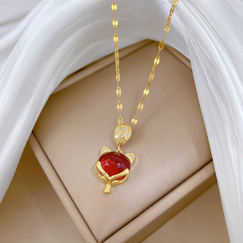 Sweet Red Gemstone Fox Pendant Full Rhinestone Titanium Steel Necklace Cable Chain