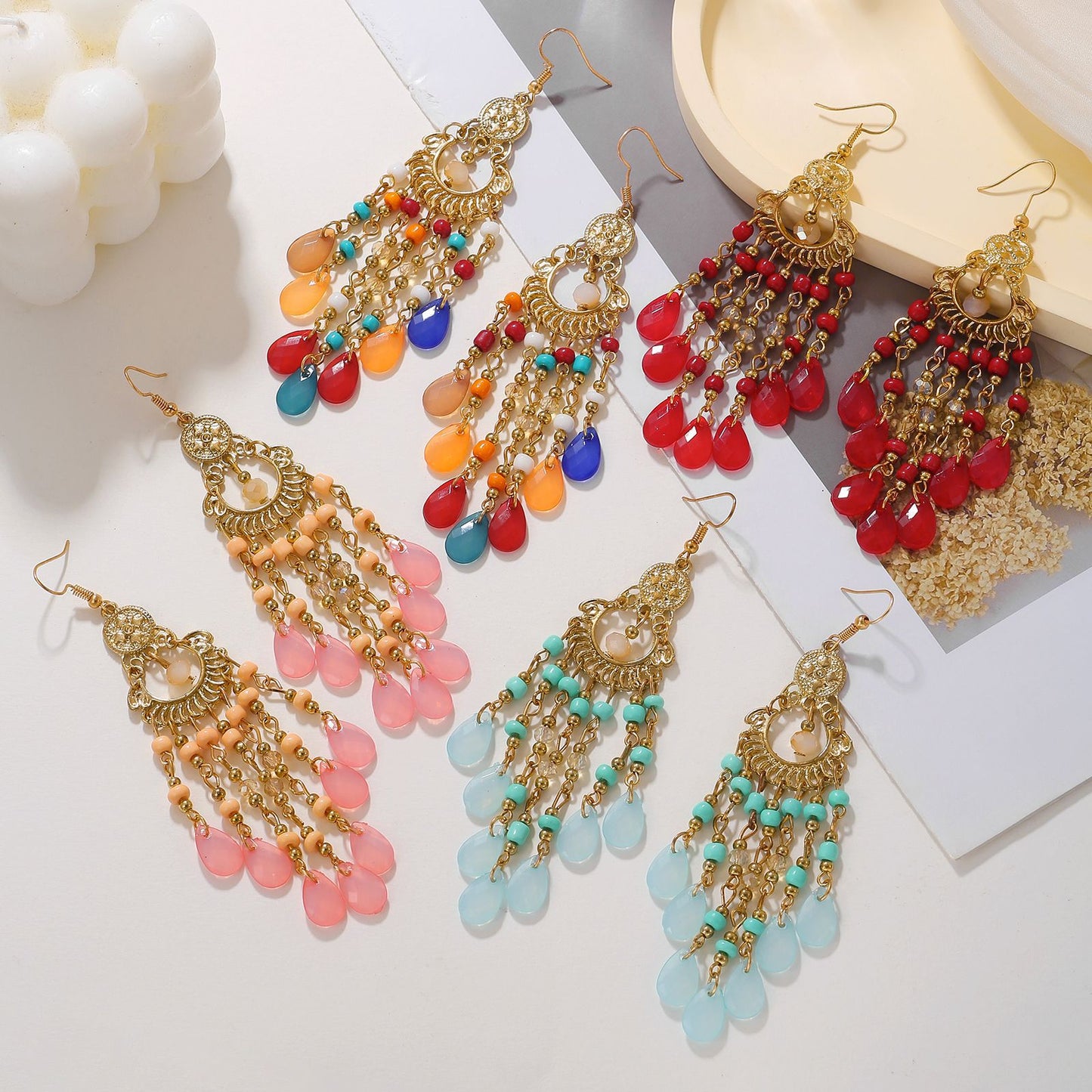 Bohemian Vintage Geometric Teardrop Hollow Tassel Drop Earrings for Women
