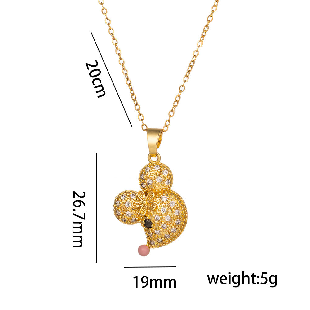 Collana con Ciondolo Topolino Floreale di Lusso per Donna, Catena a Serpente in Acciaio al Titanio con Intarsio di Strass