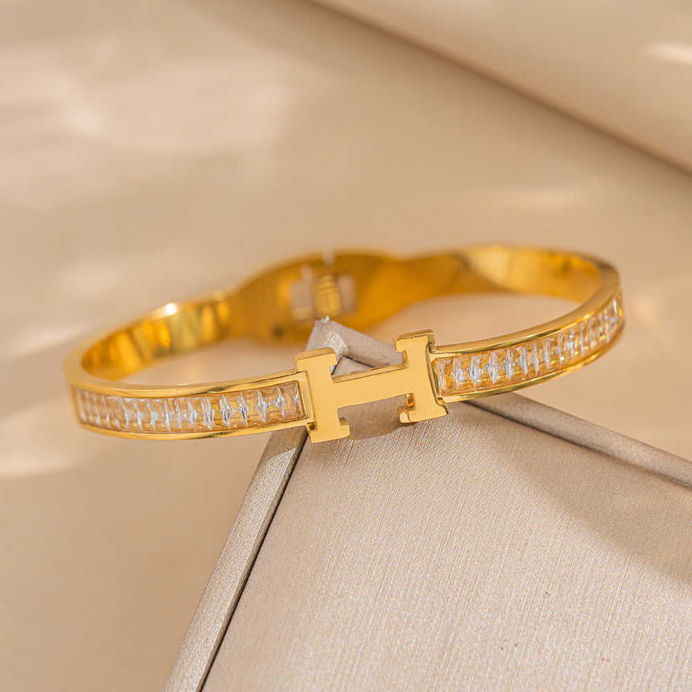 Fashion 18K Gold Plated Titanium Steel H Letter Rhinestone Spring Cuff Bracelet