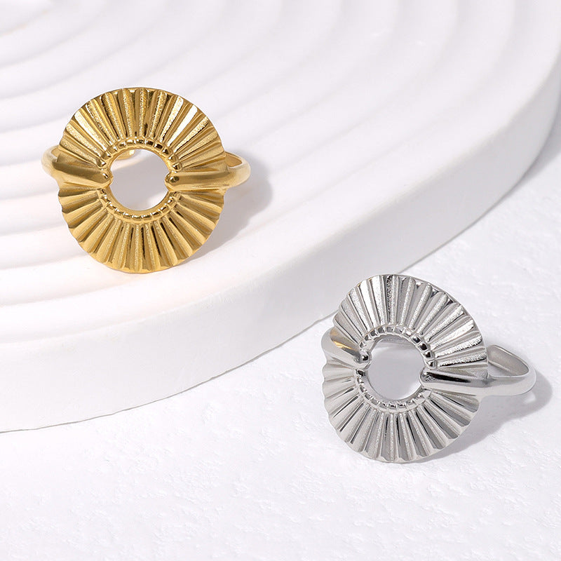 Anello Aperto da Donna in Acciaio Inossidabile con Motivo Geometrico Increspato, Stile Ins, Placcato Oro 18K