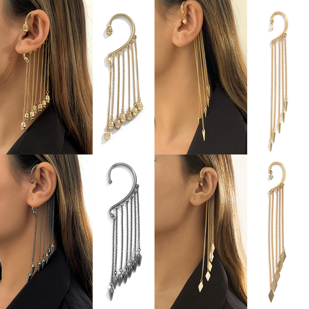 Pendientes de borla de calavera geométrica para mujer con diseño de cadena de rombos, puños de oreja electrochapados de aleación