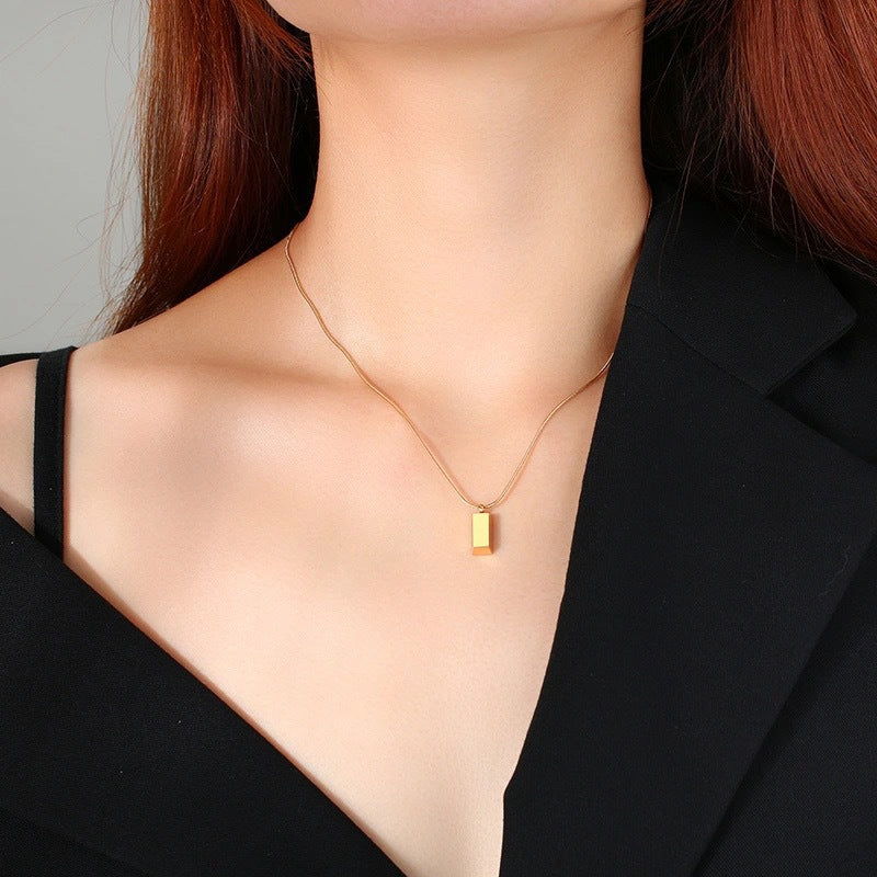 Minimalist 18K Gold Plated Titanium Steel Geometric Square Brick Pendant Necklace with Snake Chain for Women